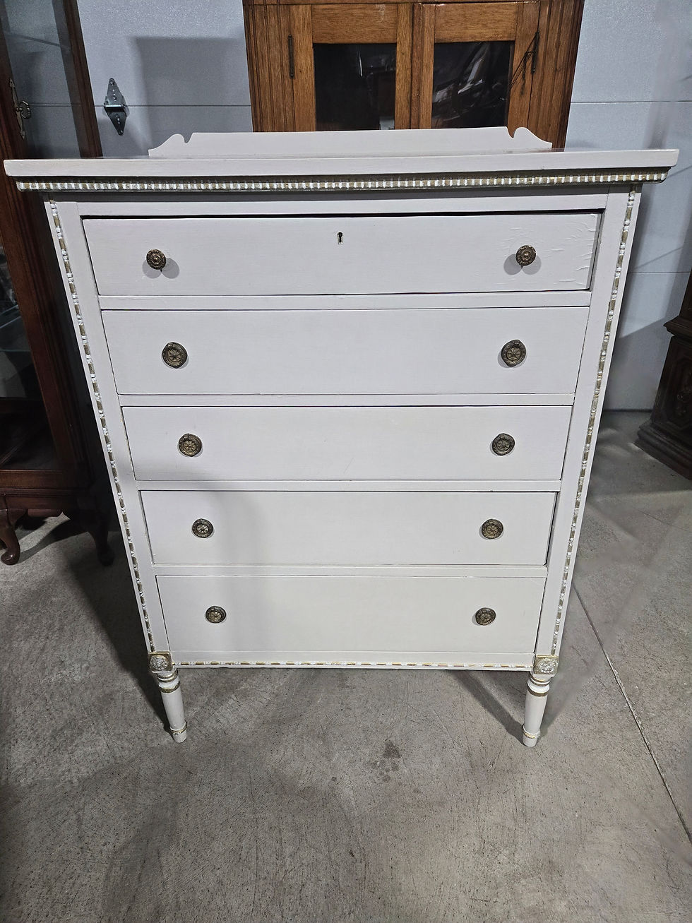 Thumbnail: Painted Grey 5 Drawer Chest - Gold Accents