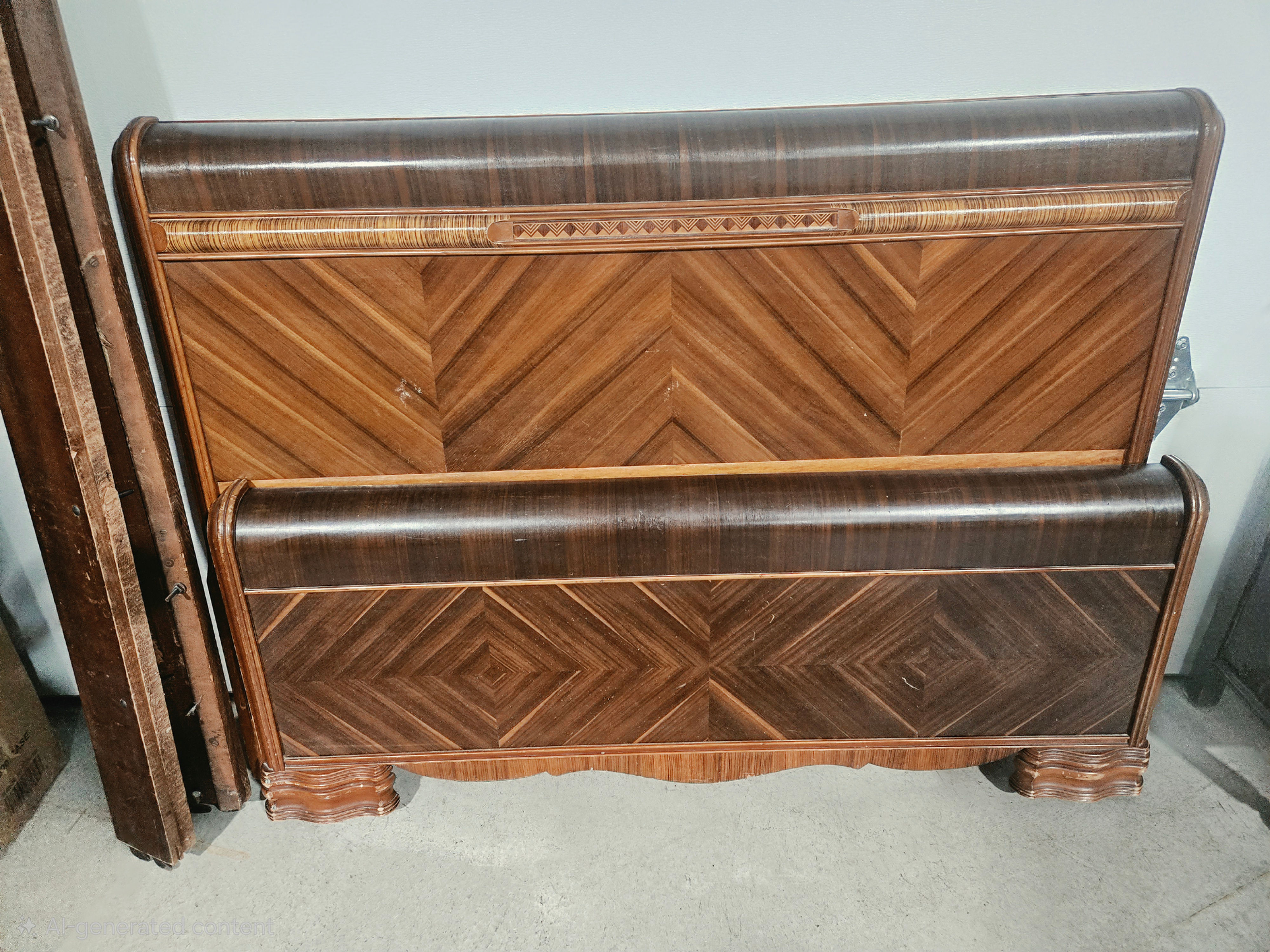 Vintage Waterfall Double Head & Foot Board w/ Rails