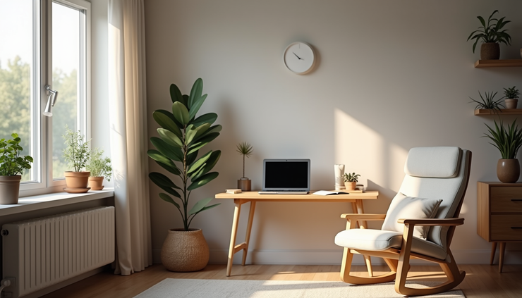 Eye-level view of a cozy home office setup with a laptop ready for a virtual therapy session