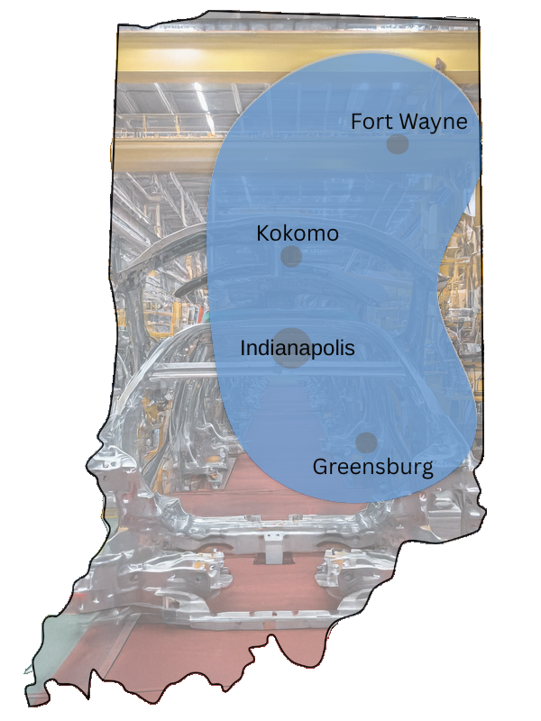 Map of Indiana with an outline of the service area from Greensburg to Fort Wayne.