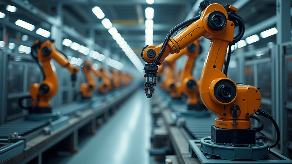 Eye-level view of an automotive assembly line with robotic arms in action