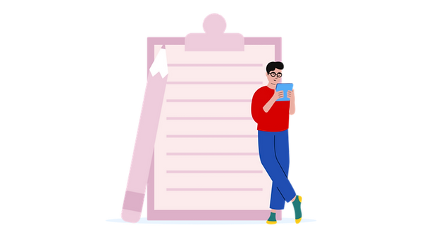 illustration of a man looking at a notebook and leaning against a giant clipboard