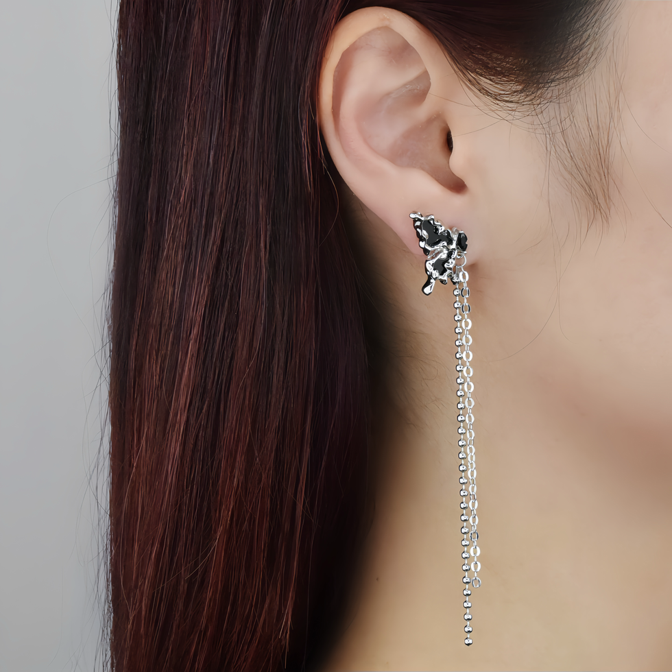 Asymmetrical silver-plated butterfly drop earrings with rhinestones in black or white – REBE77E