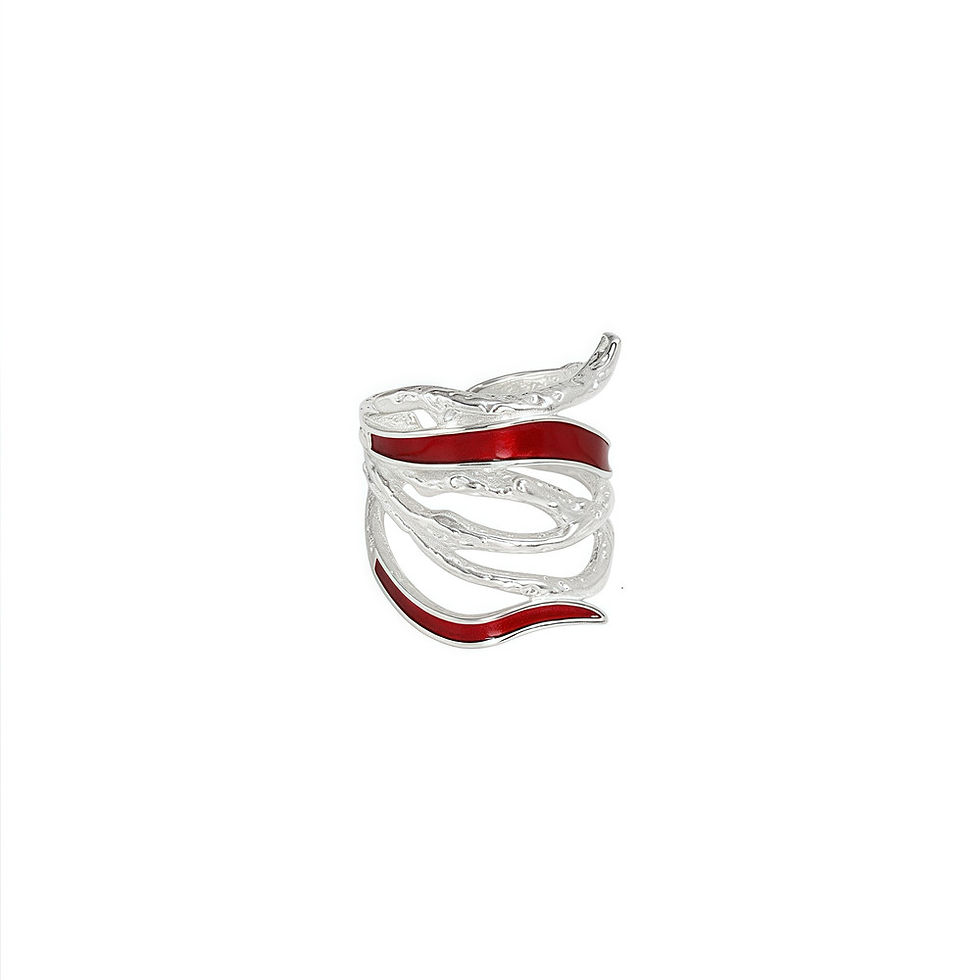 Sterling silver ring with flowing red enamel accents by REBE77E, inspired by the energy and fluidity of waves