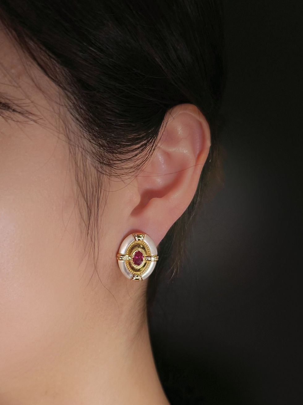 French Pearl Mother-of-Pearl Earrings by REBE77E, featuring a gold-plated design, white mother-of-pearl inlay, and a ruby-red