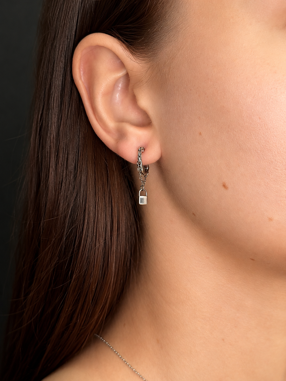 Locked Chain Hoop Earrings in oxidized sterling silver with an edgy linked chain design