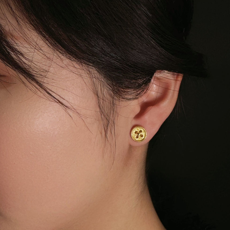 Pair of REBE77E Lucky Button Earrings in gold and silver finishes, inspired by heartfelt traditions