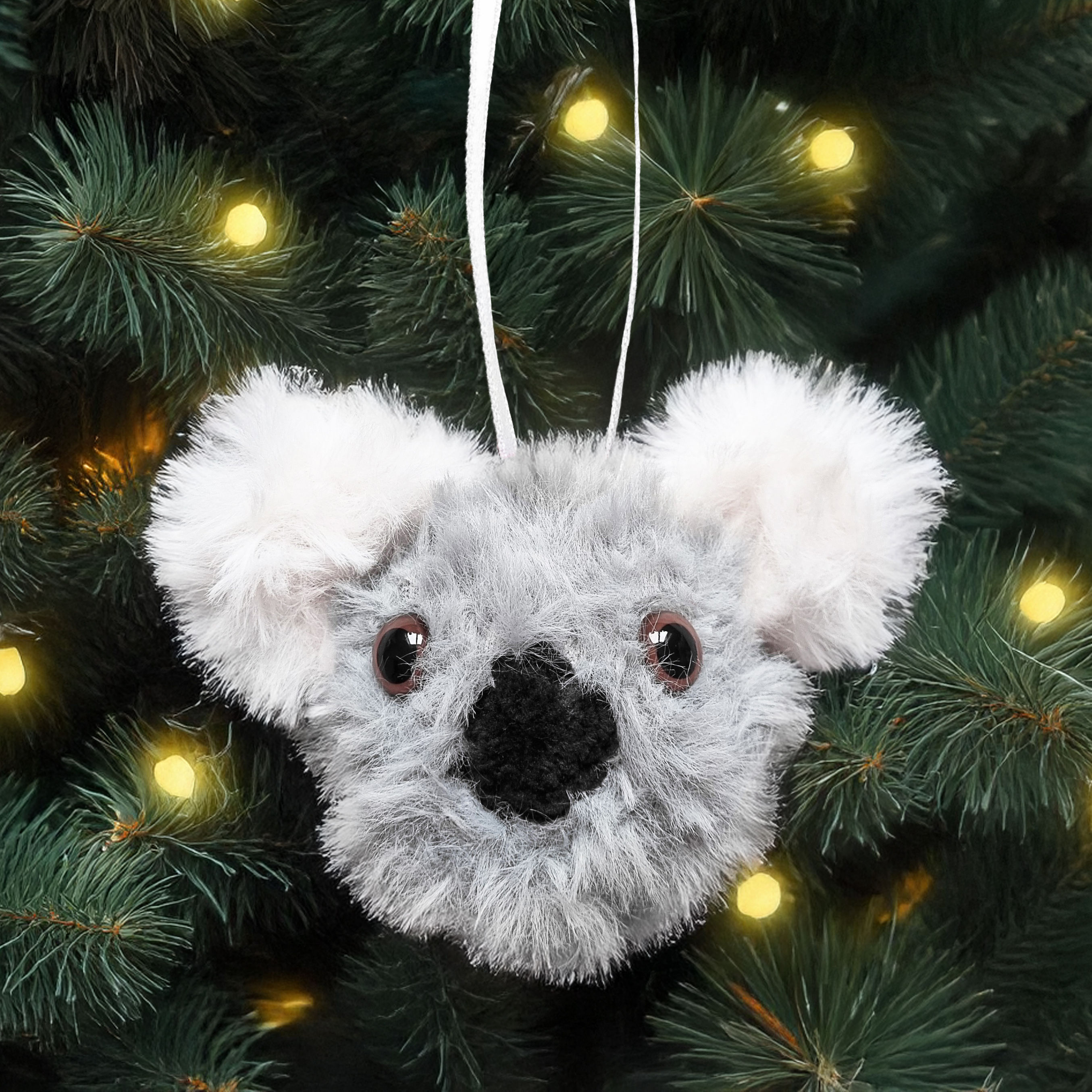 Crocheted Faux Fur Light Grey Koala Christmas Bauble Decoration