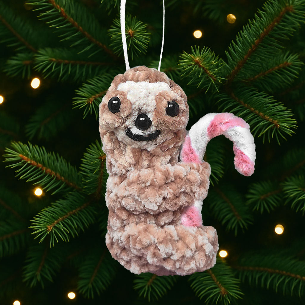 Crocheted Luxury Velvet Sloth with Candy Cane Christmas Decoration -Pink
