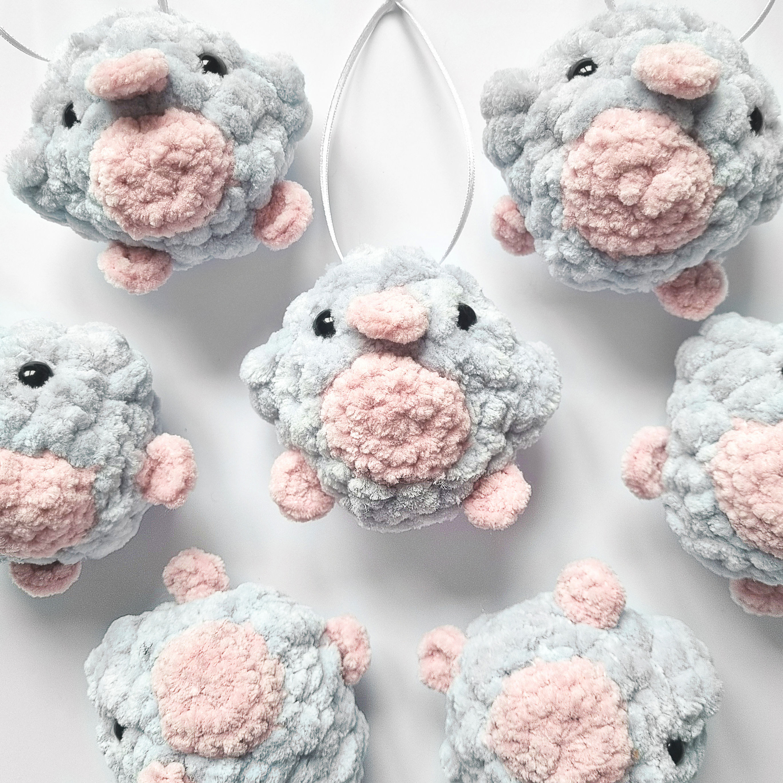 Crocheted Super Soft Pink and Grey Robin Christmas Bauble Decoration