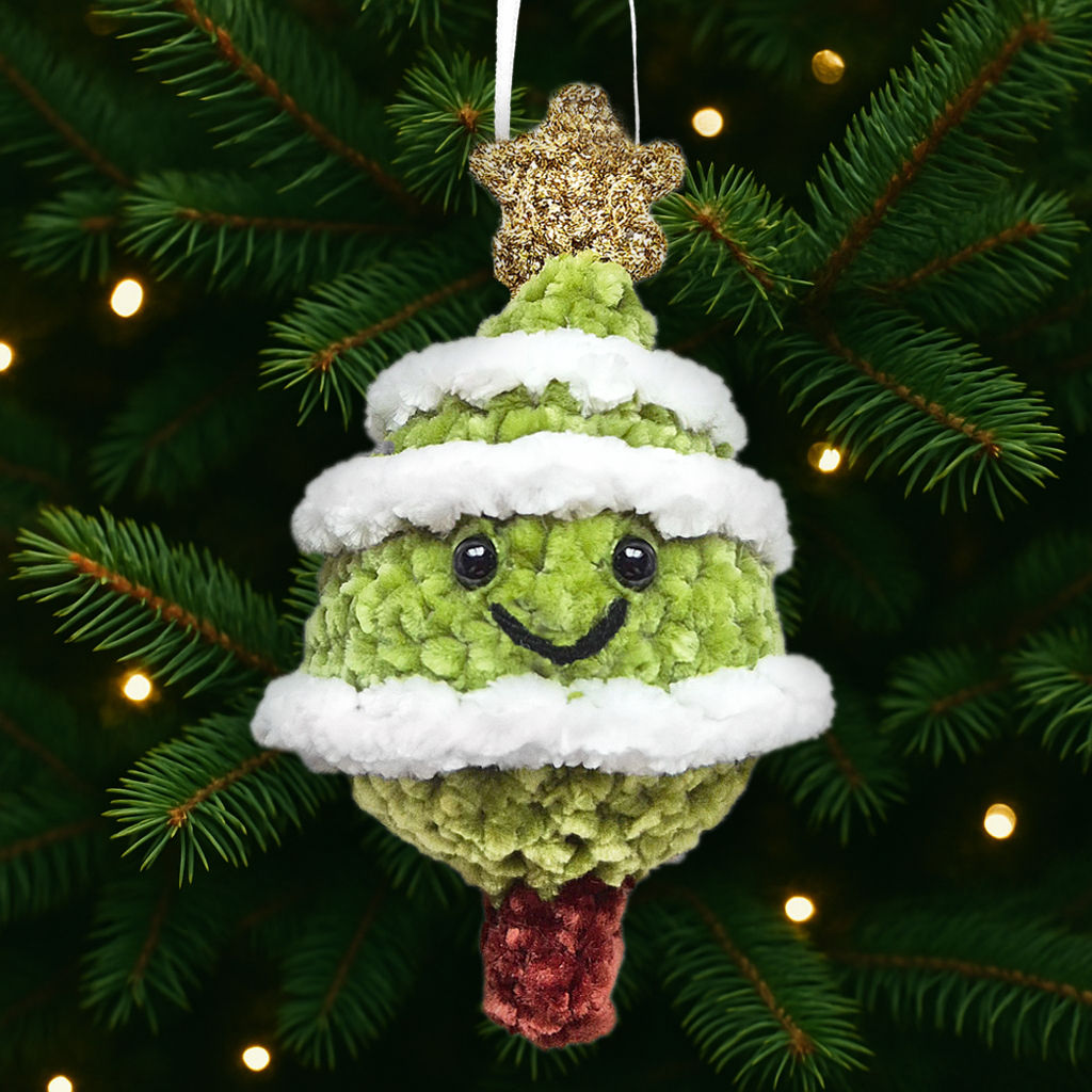Crocheted Luxury Velvet Snowy Christmas Tree Decoration - Leaf Green