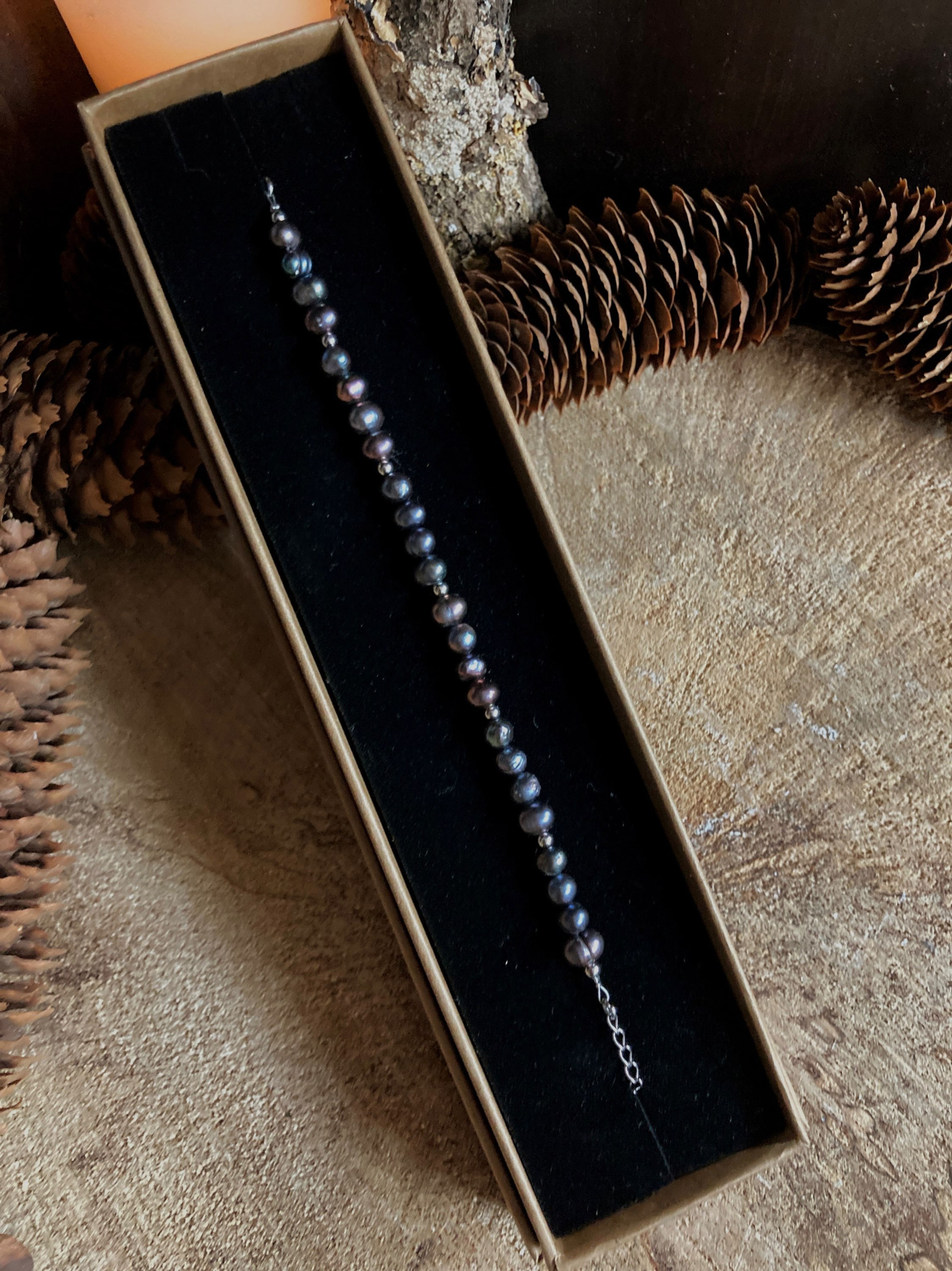 Bracelet en acier inoxydable - perles biwa bleu nuit