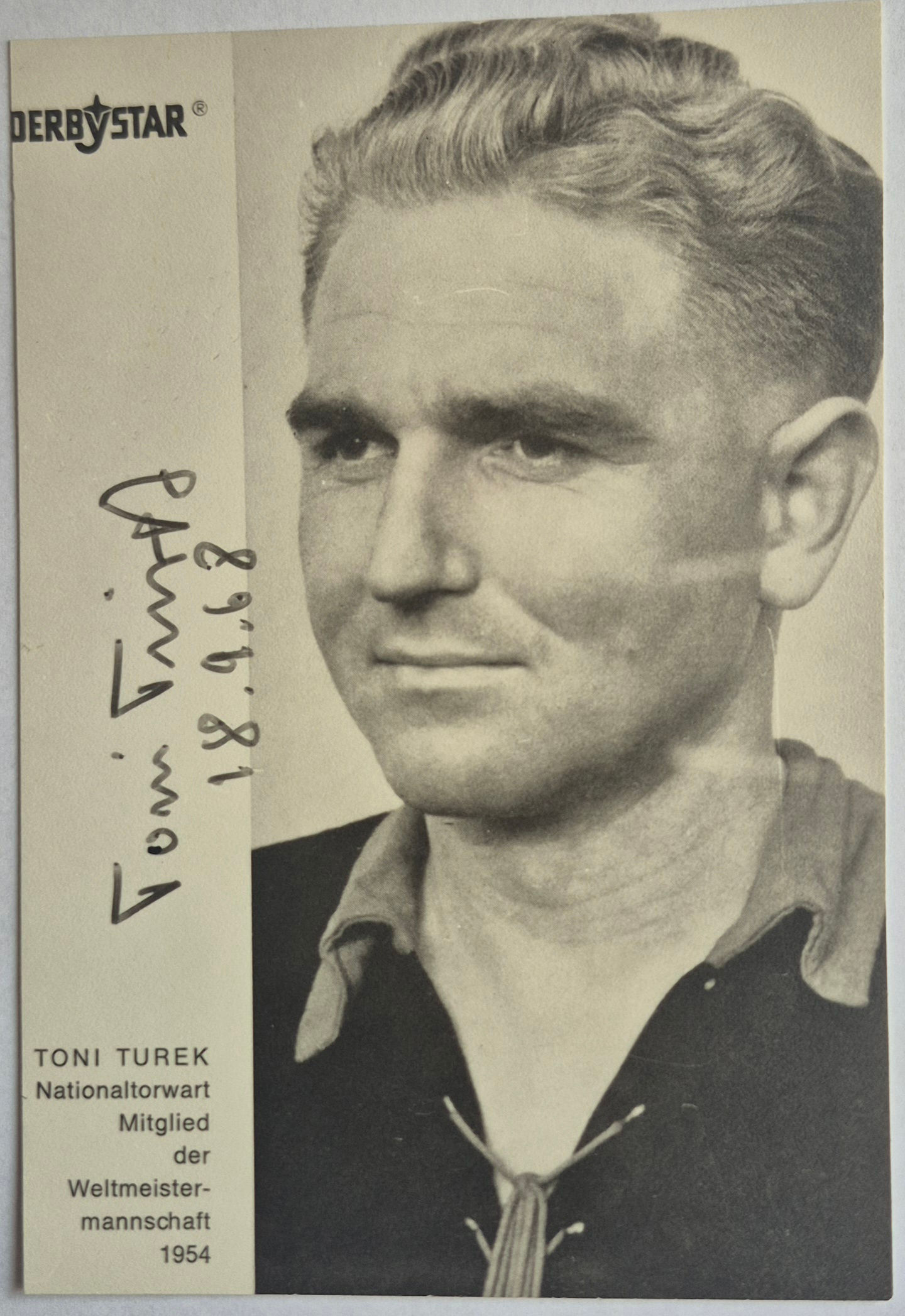 TONI TUREK – SIGNIERTE DERBYSTAR-AUTOGRAMMKARTE – WELTMEISTER 1954 – BERN 54