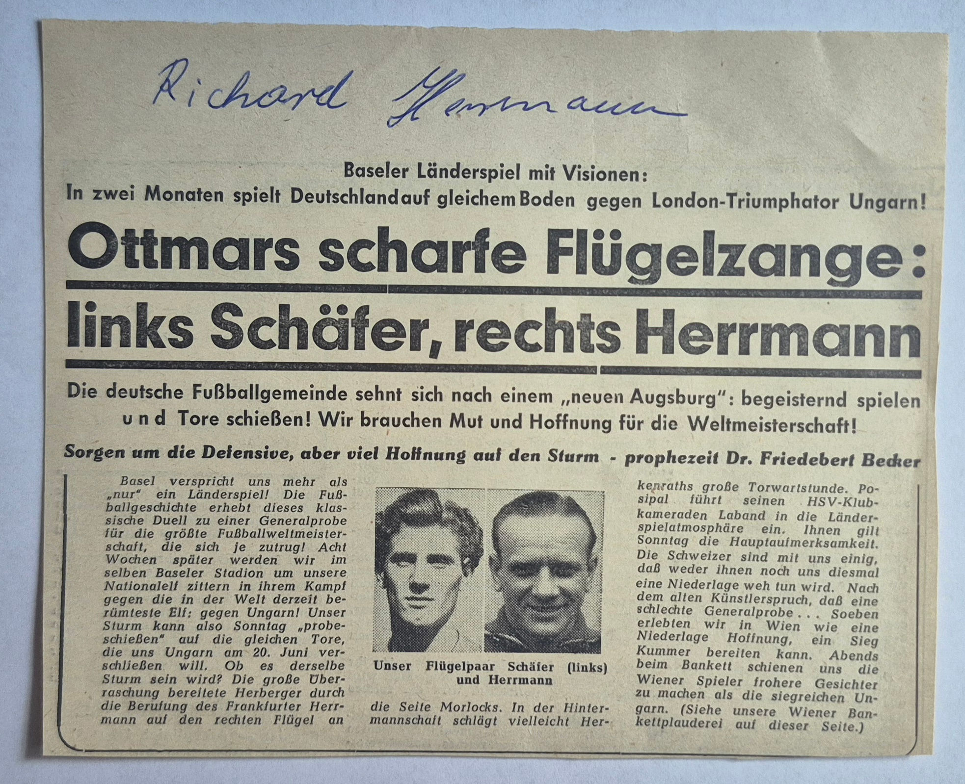 RICHARD HERRMANN – SIGNIERTER ORIGINAL-ZEITUNGSAUSSCHNITT – WELTMEISTER 1954