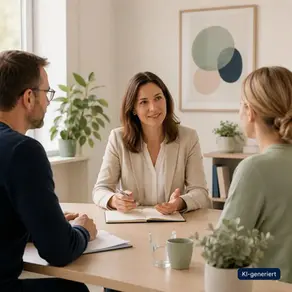 Professionelle Gesprächssituation in hellem Raum als Symbol für Supervision, Reflexion und Zusammenarbeit im beruflichen Kontext.