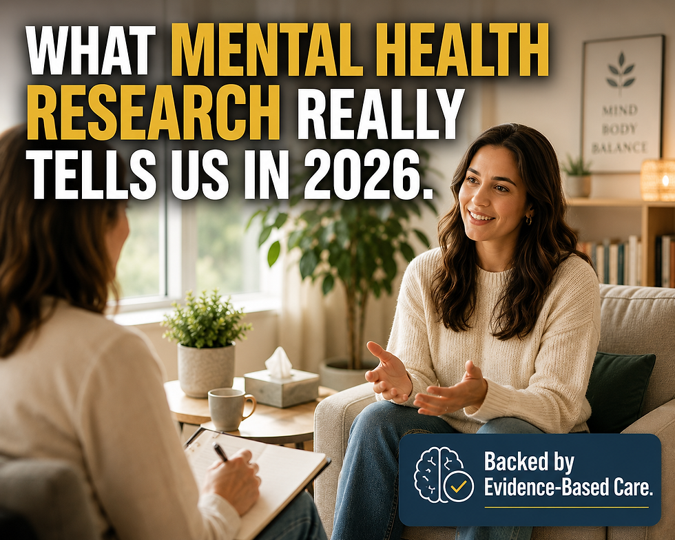 Therapy session in cozy office; woman talks while headline says What Mental Health Research Really Tells Us in 2026.