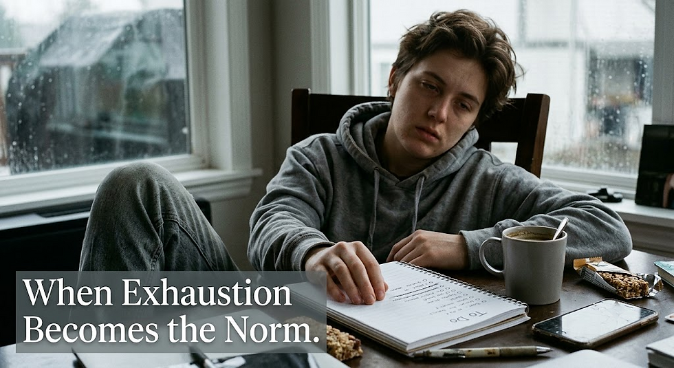 Tired young person in gray hoodie studies by rainy windows with coffee, notebook and phone; text reads When Exhaustion Becomes the Norm.