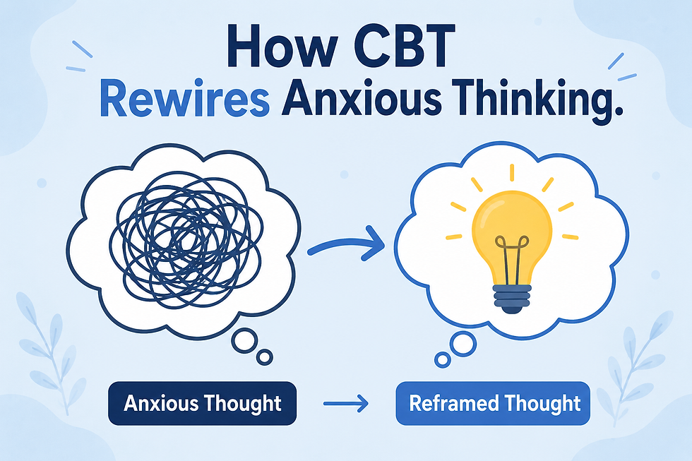 CBT infographic showing a tangled anxious thought turning into a lightbulb reframed thought; title: How CBT Rewires Anxious Thinking.