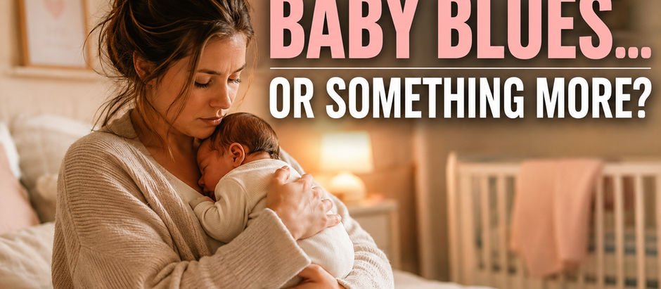 Mother cradles sleeping baby in a cozy nursery; text asks Baby blues or something more? PPD Guide.