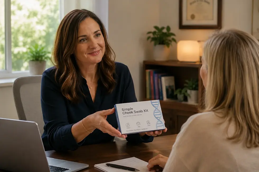 Woman in office presents Simple Cheek Swab Kit to a blonde woman; laptop and papers on desk, warm friendly meeting.
