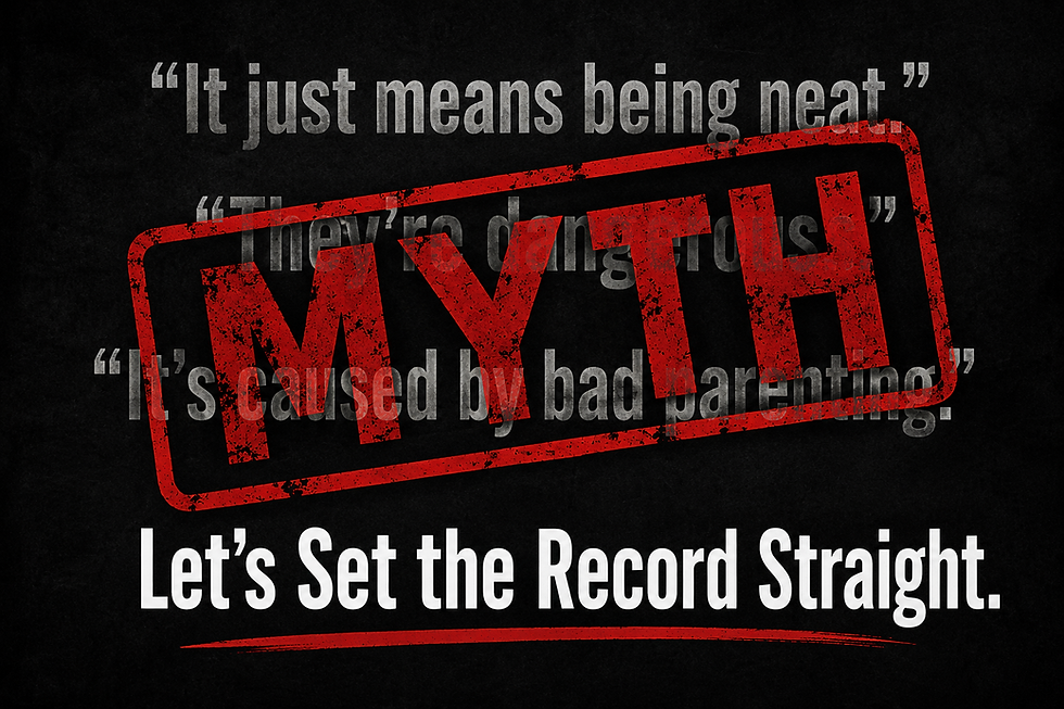 Black poster with gray quotes and a red MYTH stamp over them; bottom text says Let’s Set the Record Straight.