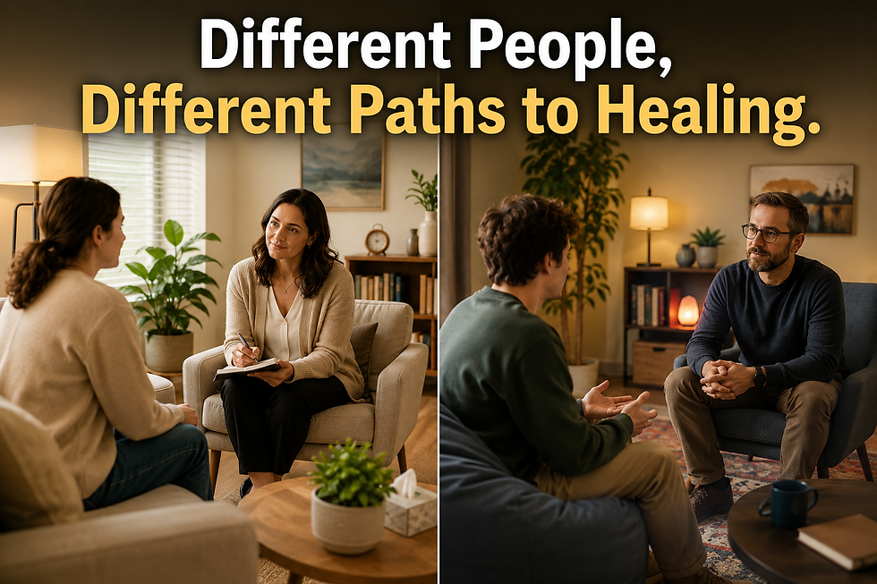 Split-screen therapy sessions with two clients and counselors in warm living rooms; text reads Different People, Different Paths to Healing.