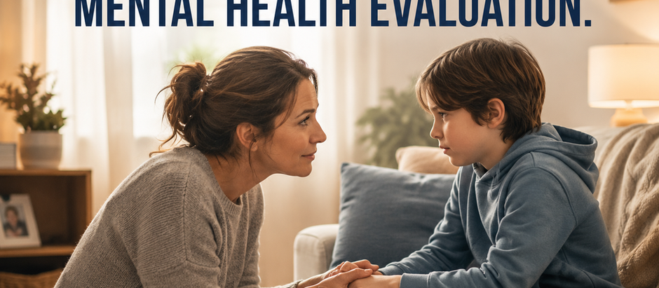 Mother and son hold hands on a couch in a warm living room; text reads 6 SIGNS YOUR CHILD MAY NEED A MENTAL HEALTH EVALUATION.