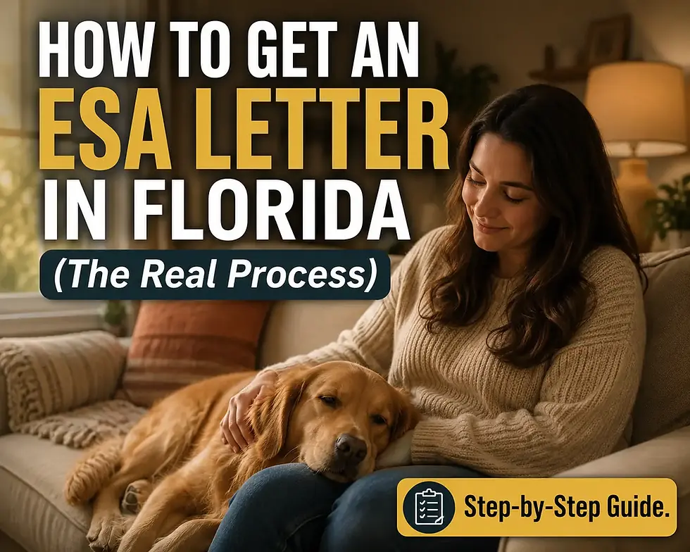 Woman cuddles golden retriever on a couch in a cozy living room. Text: How to Get an ESA Letter in Florida.