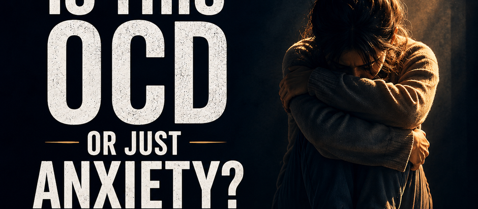 Poster with distressed woman hugging knees in dim light beside text: IS THIS OCD OR JUST ANXIETY? The truth nobody talks about