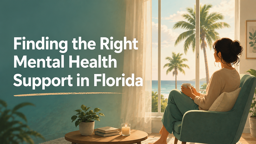 Woman in a cozy room by a window with palm trees and sea view, holding a mug. Text reads: "Finding the Right Mental Health Support in Florida."
