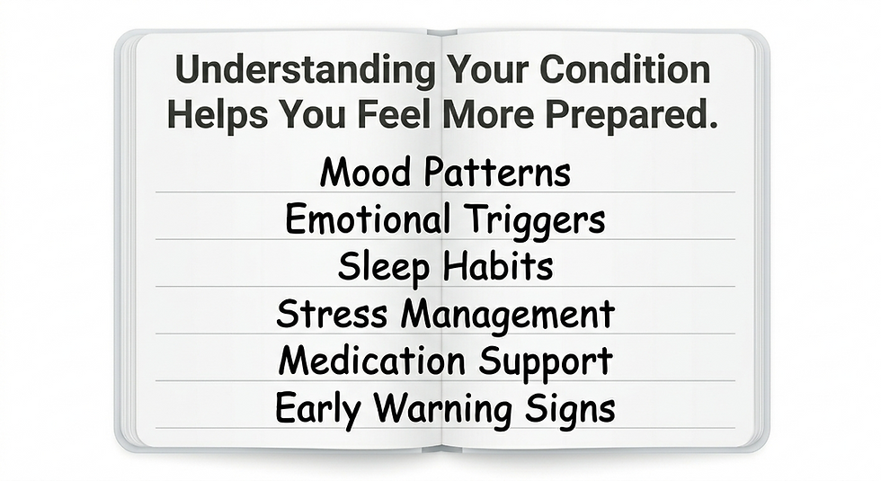 Open notebook with text: Understanding Your Condition Helps You Feel More Prepared. Lists: Mood Patterns, Emotional Triggers, Sleep Habits, etc.