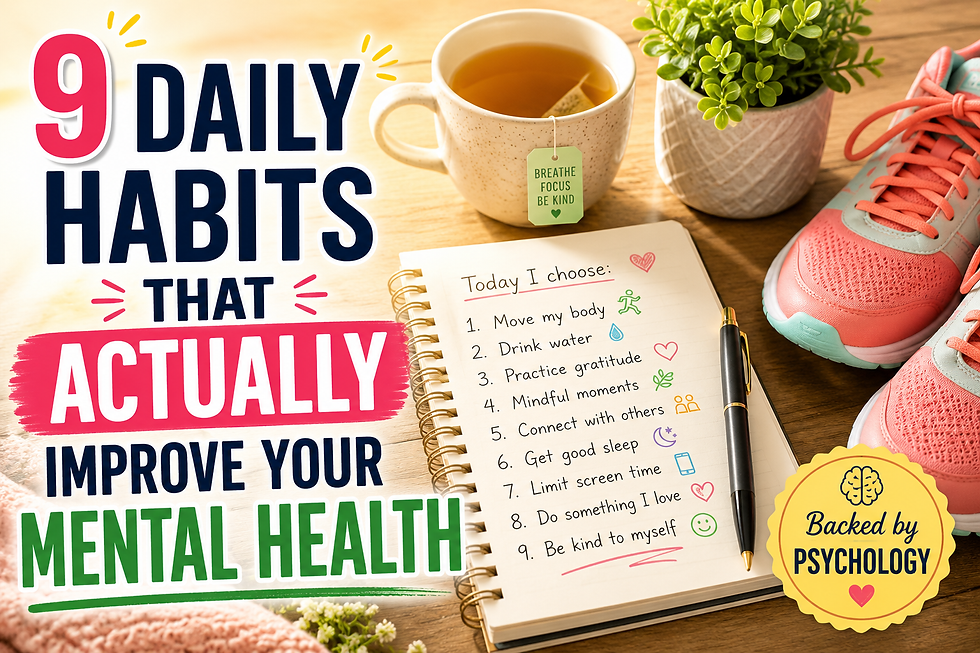 Wellness flat lay with tea, notebook habits list, sneakers, plant, and bold text: 9 daily habits that actually improve mental health