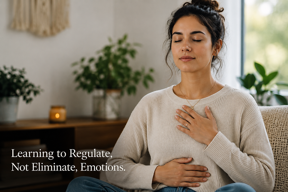 Woman meditating with hand on chest and belly in a cozy plant-filled room; text says Learning to Regulate, Not Eliminate, Emotions.