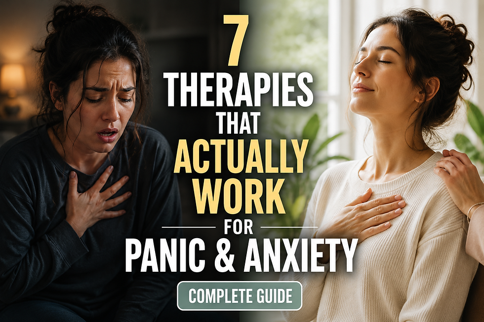 Two women with hands on chest, one anxious and one calm, beside text: 7 therapies that actually work for panic & anxiety.