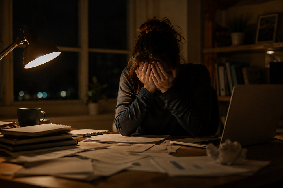 Woman sitting at a cluttered desk in a dim room, hands on face, appearing stressed. Lamp, papers, books, laptop, and mug visible.