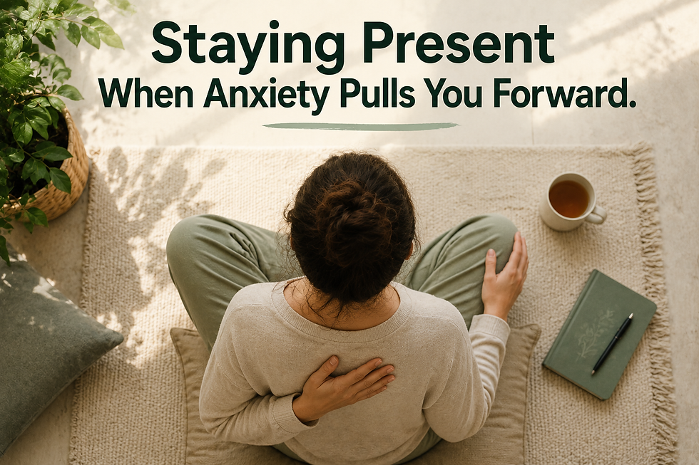Woman meditating on a rug with tea and notebook; headline reads Staying Present When Anxiety Pulls You Forward.
