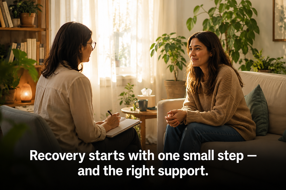 Two women talk in a cozy, plant-filled room. One has a notebook, the other listens. Text reads: "Recovery starts with one small step—and the right support."