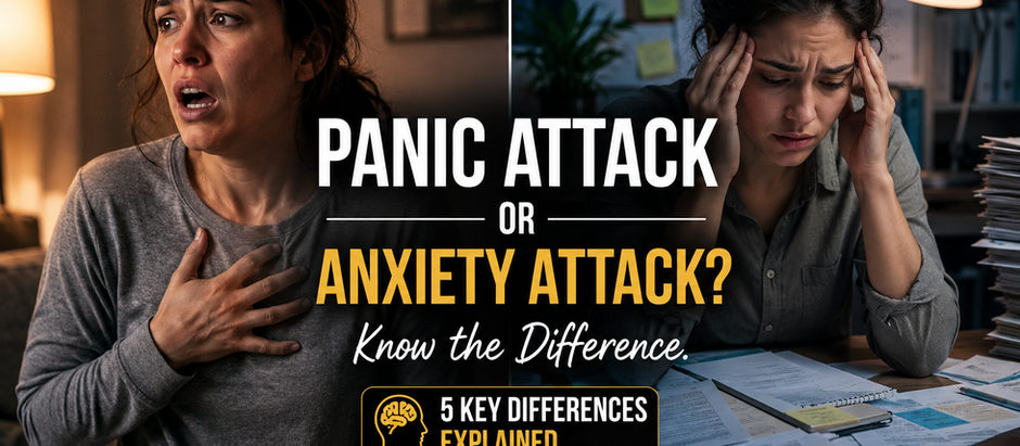 Split-screen of distressed woman clutching chest and another holding her head at a desk, with text on panic vs anxiety.