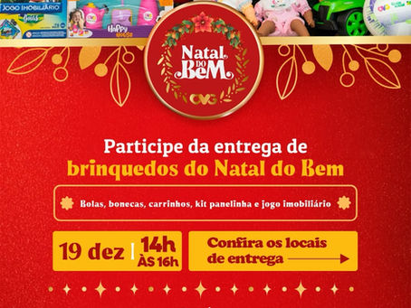 A Prefeitura de Novo Gama convida todas as famílias para participarem da Entrega de Brinquedos do Natal do Bem, que acontecerá no dia 19 de dezembro, das 14h às 16h, em quatro pontos da cidade.- Gin