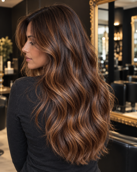 Inspiración de color otoñal en cabello castaño con reflejos caramelo y cobre canela