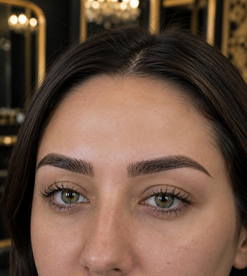 Close-up de cejas con micropigmentación natural en Mirik Beauty Barcelona con acabado pelo a pelo definido
