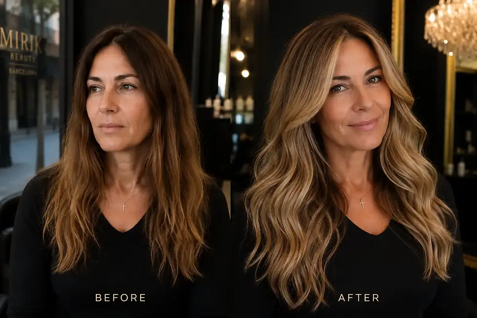 Antes y después de una transformación capilar con balayage y extensiones premium en Barcelona realizada por Mirik Beauty.