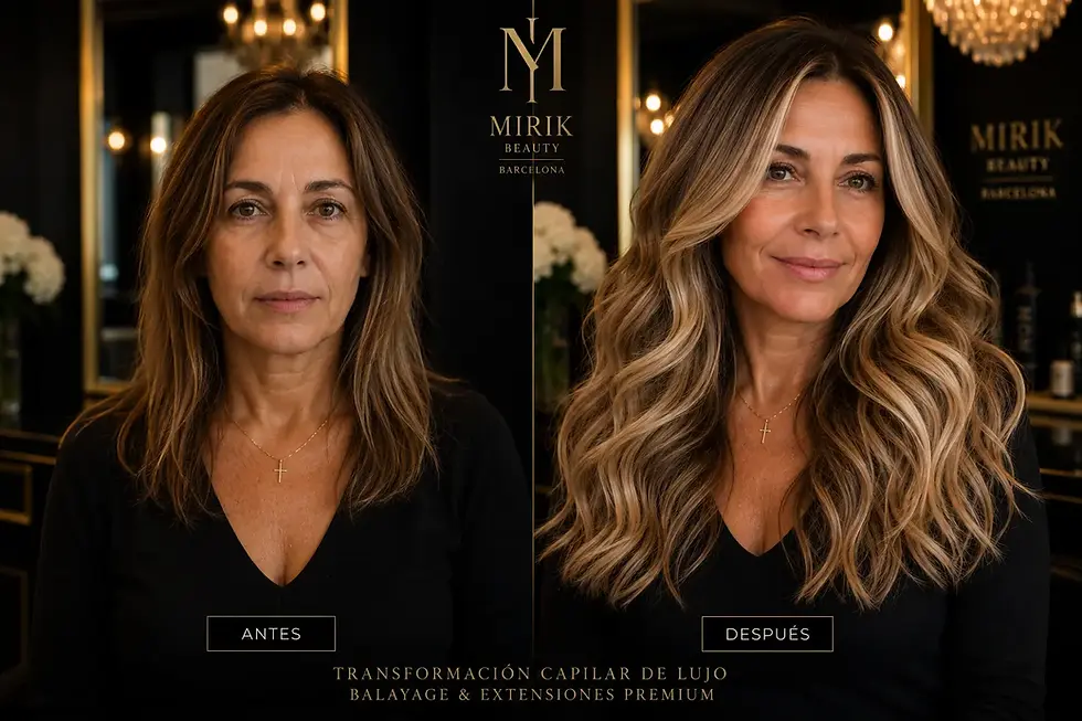 Antes y después de transformación capilar con balayage y extensiones premium en mujer de más de 40 años en Barcelona.