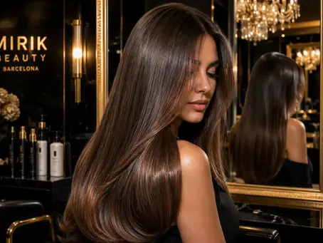 Mujer con melena larga, lisa y brillante tras una taninoplastia en Mirik Beauty Barcelona