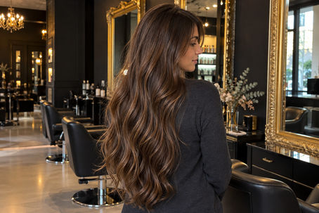 Melena castaña larga con ondas suaves y puntas densas, como referencia de largo y volumen con extensiones.