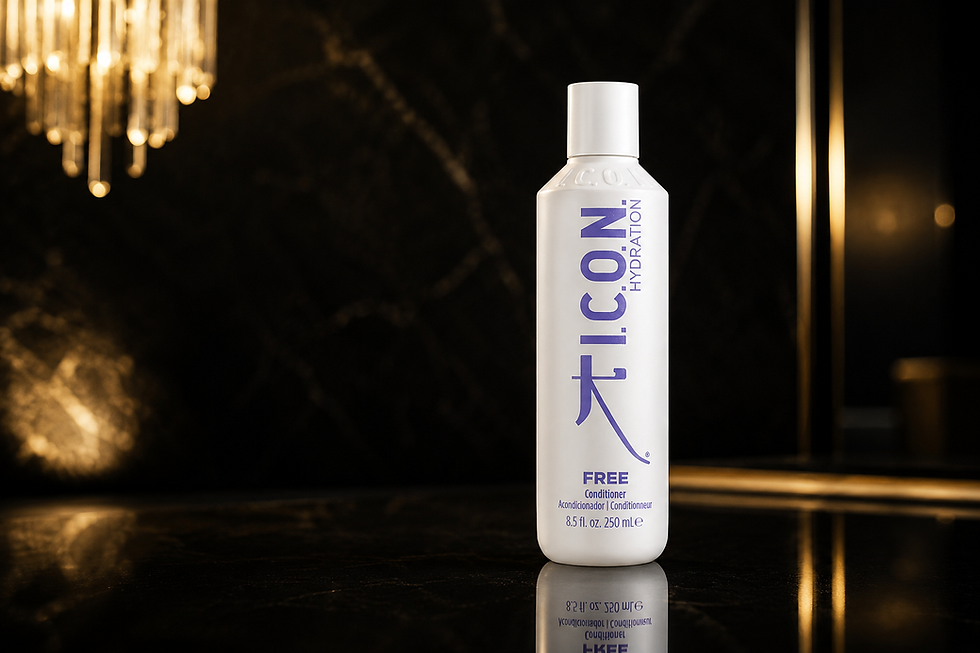 I.C.O.N. Free Acondicionador Hidratante en ambiente luxury negro y dorado para Mirik Beauty Barcelona.