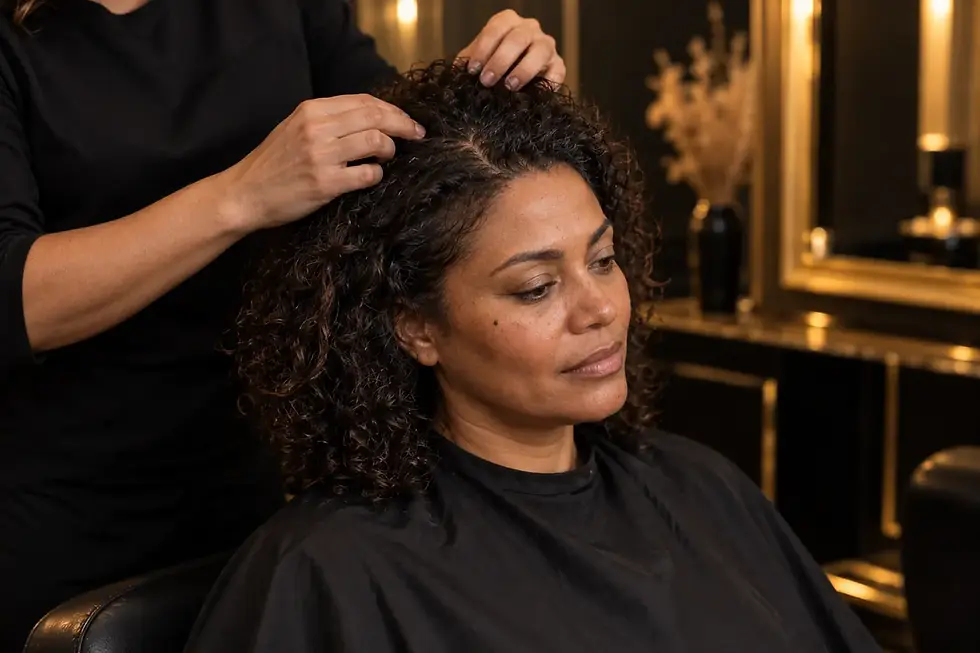 Profesional separando el cabello para observar el cuero cabelludo antes del masaje.
