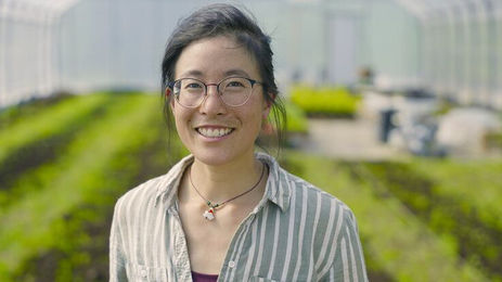 Stéphanie Wang dans sa serre de légumes biologiques asiatique aux Cocagnes
