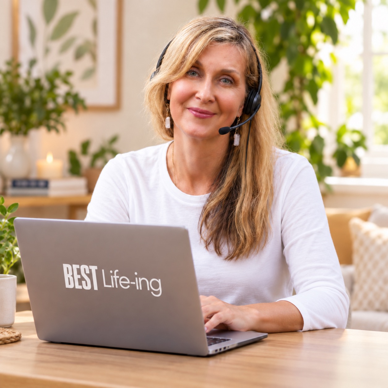 Retreat expert with headset and Best Life-ing branded laptop during a virtual consultation