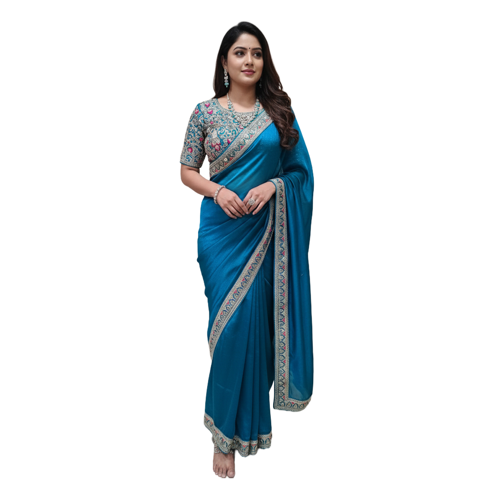 Blue Fandy Satin Silk Saree - Plain with Thread and Sequence wokr Border - Ready